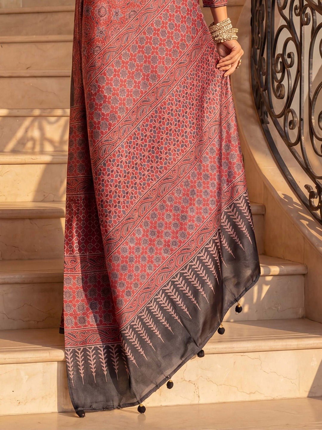 Rust Red Ajrakh Floral Printed Saree with Black Border - Ressa