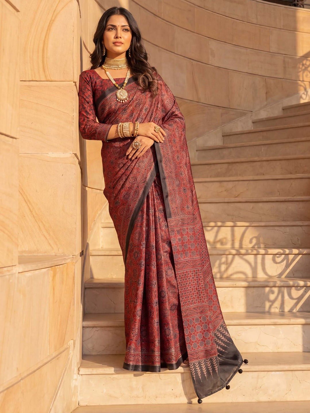 Rust Red Ajrakh Floral Printed Saree with Black Border - Ressa