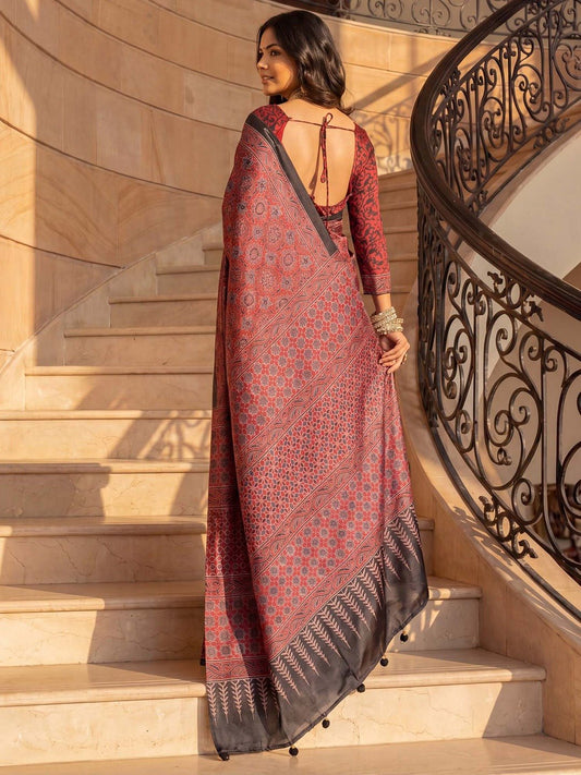 Rust Red Ajrakh Floral Printed Saree with Black Border - Ressa