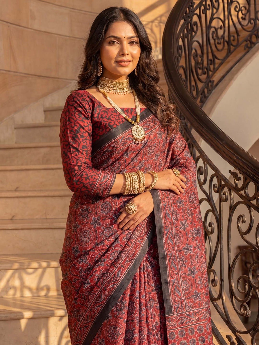 Rust Red Ajrakh Floral Printed Saree with Black Border - Ressa
