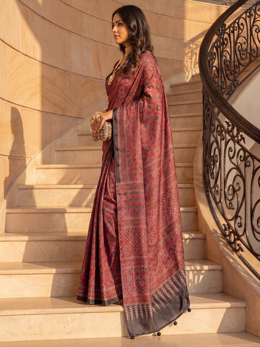 Rust Red Ajrakh Floral Printed Saree with Black Border - Ressa