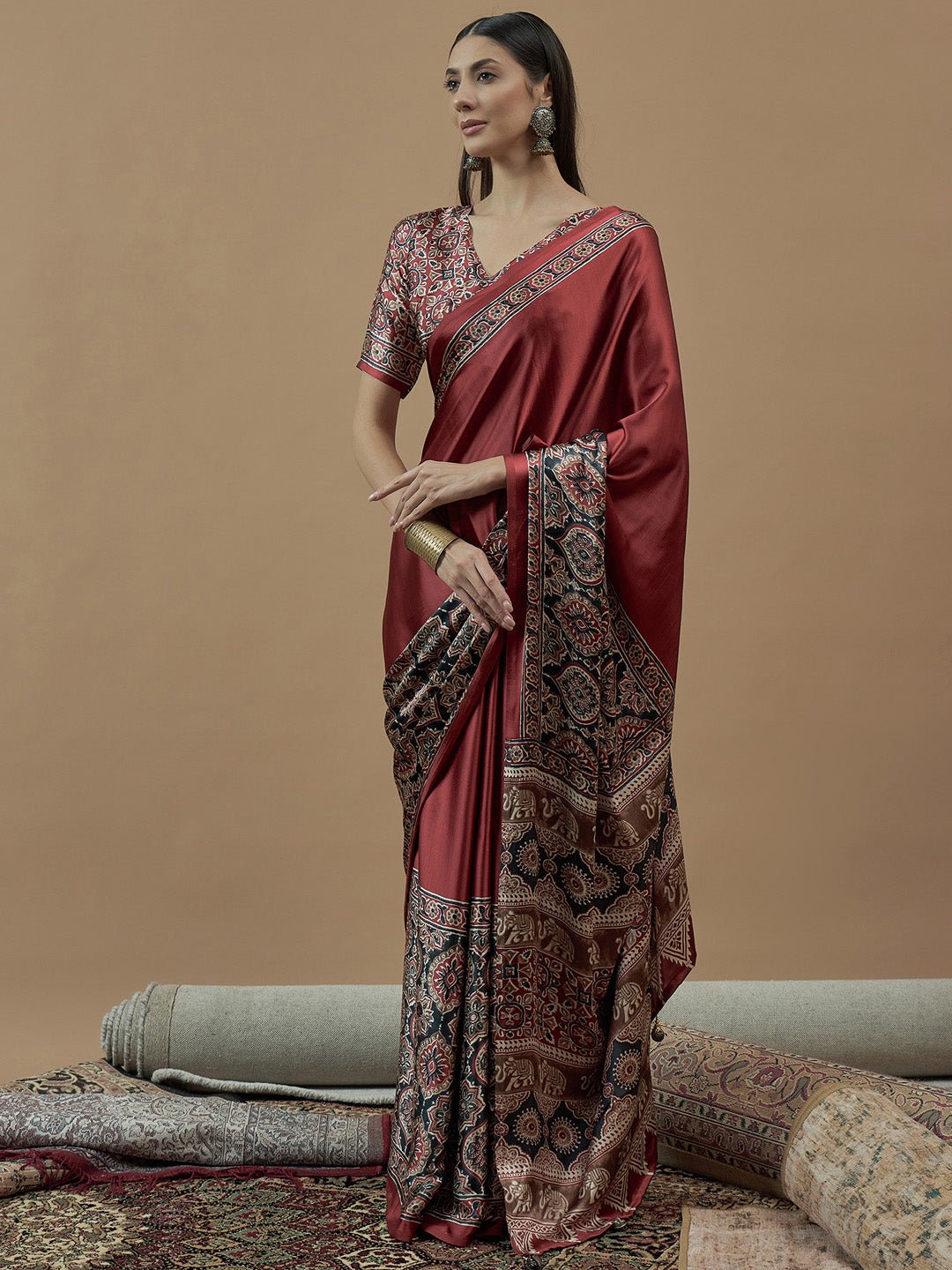 Rust Red Ajrakh Saree - Ressa