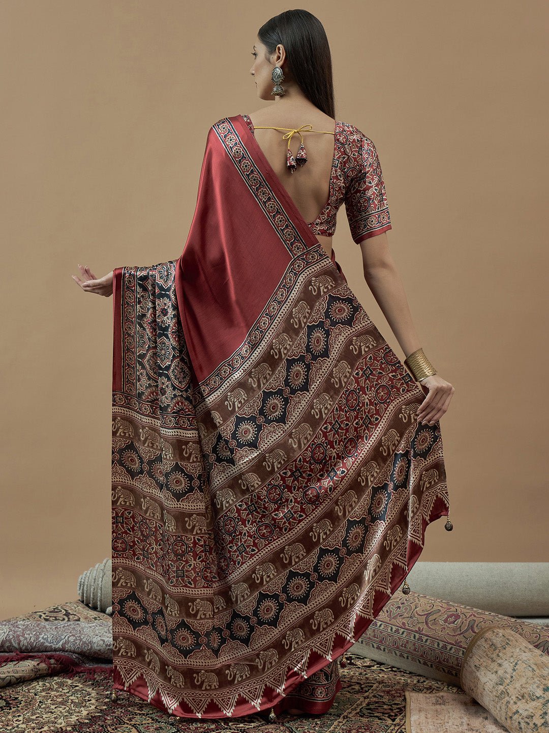 Rust Red Ajrakh Saree - Ressa