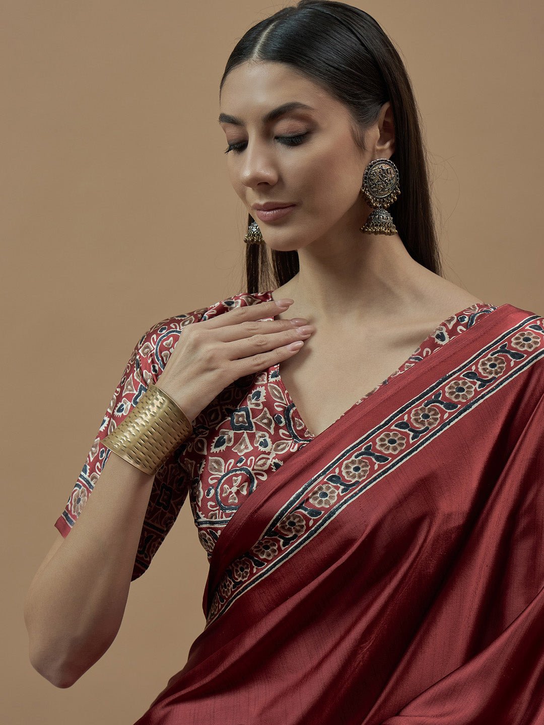 Rust Red Ajrakh Saree - Ressa