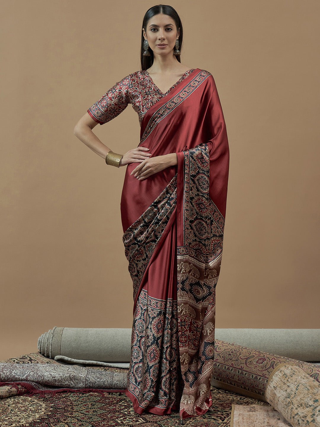 Rust Red Ajrakh Saree - Ressa