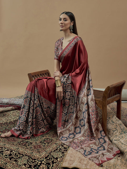 Rust Red Ajrakh Saree - Ressa