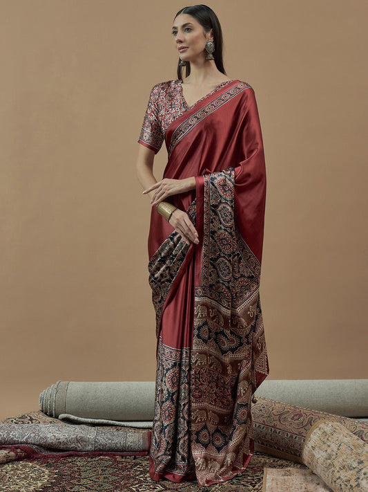 Rust Red Ajrakh Saree - Ressa