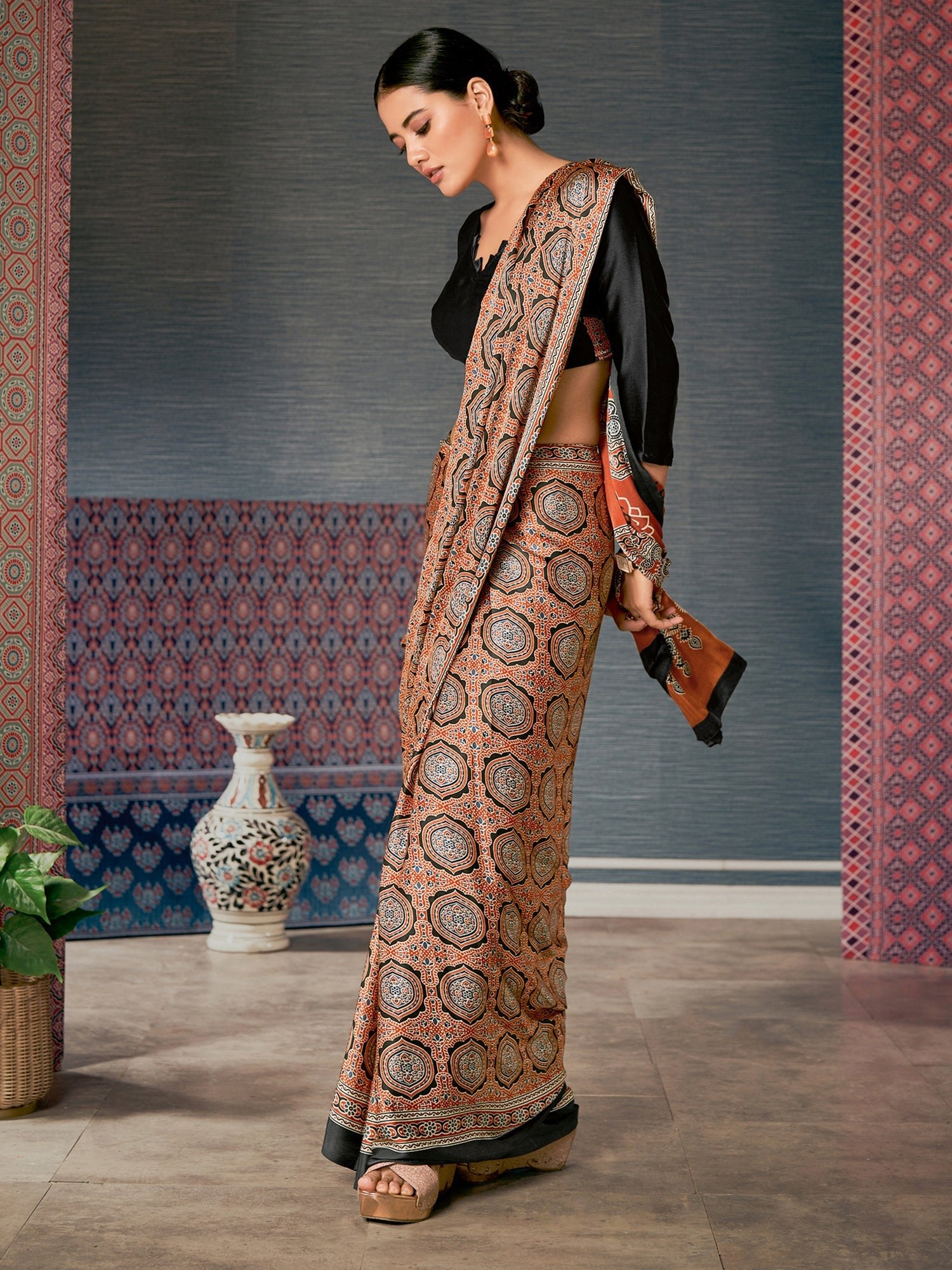 Rust Red Ajrakh Silk Saree with Geometric Sun Medallions, Paisley Buttas & Black Blouse - Ressa