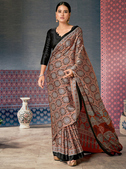 Rust Red Ajrakh Silk Saree with Geometric Sun Medallions, Paisley Buttas & Black Blouse - Ressa