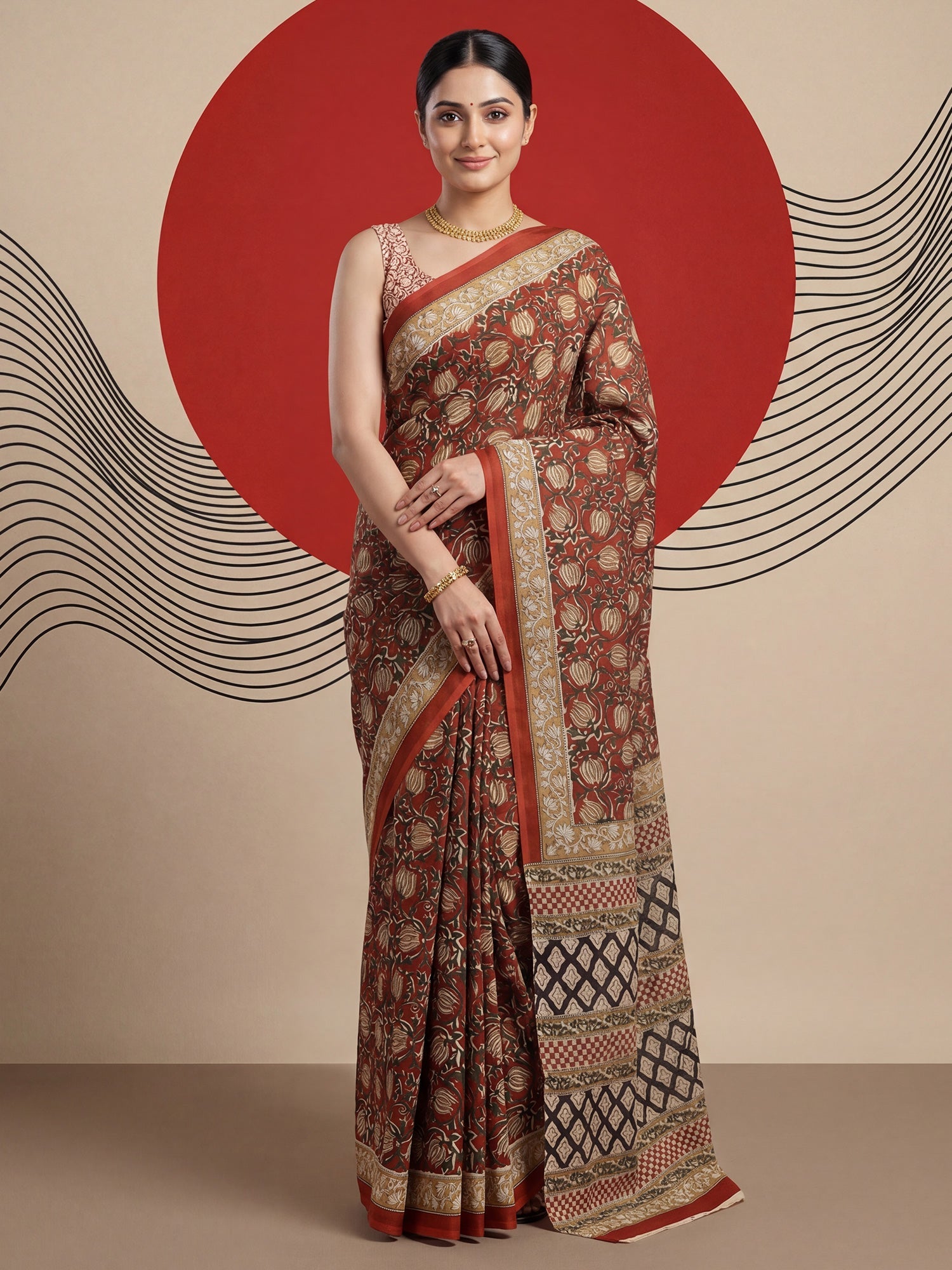 rust red Cotton Mulmul Saree - Ressa