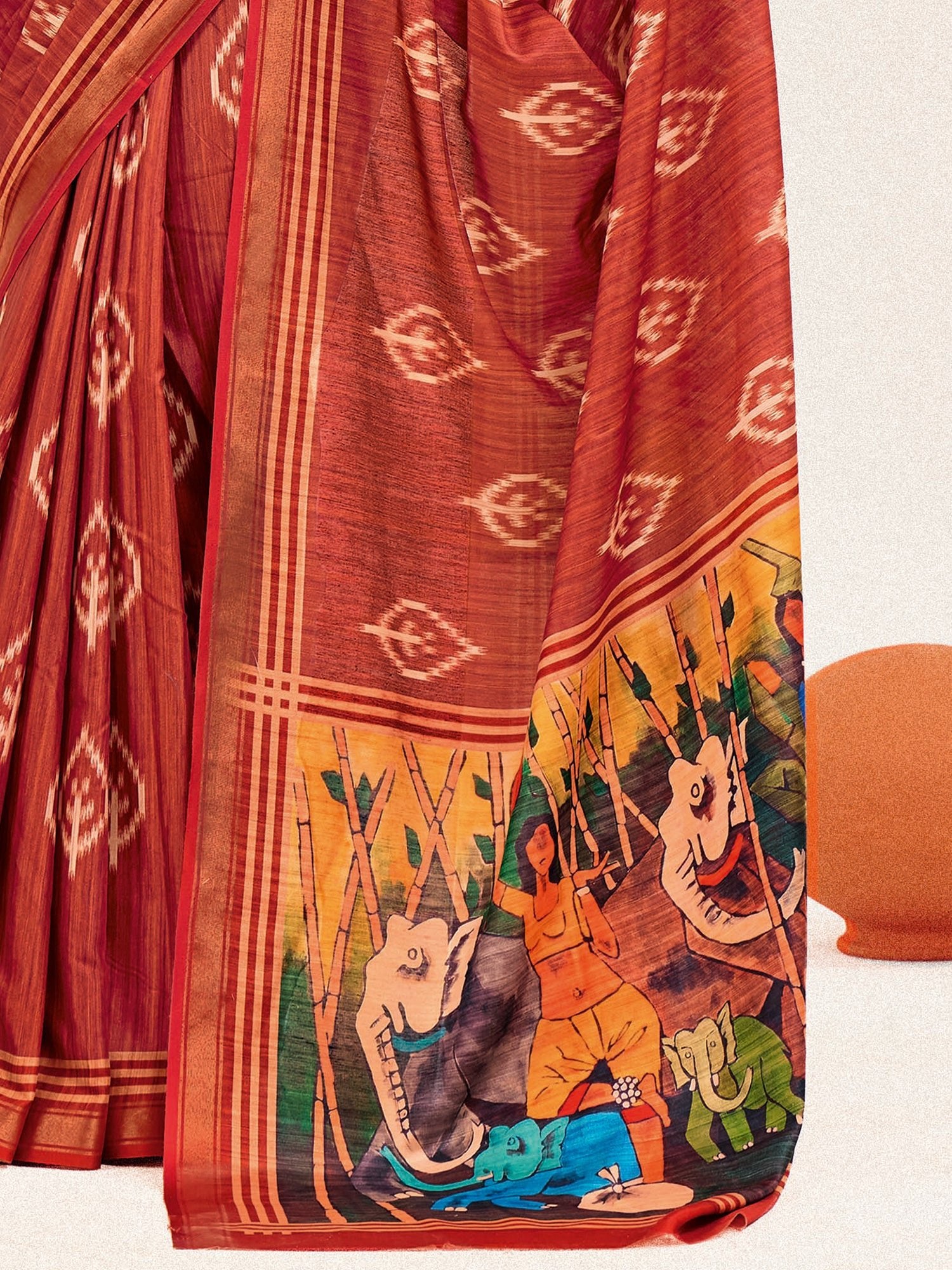 Rust Red Ikat Silk Saree with Pattachitra Pallu - Ressa