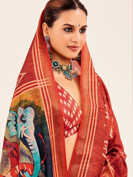 Rust Red Ikat Silk Saree with Pattachitra Pallu - Ressa