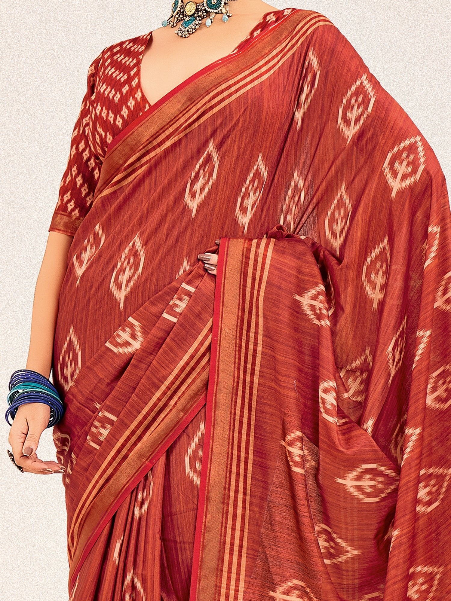 Rust Red Ikat Silk Saree with Pattachitra Pallu - Ressa