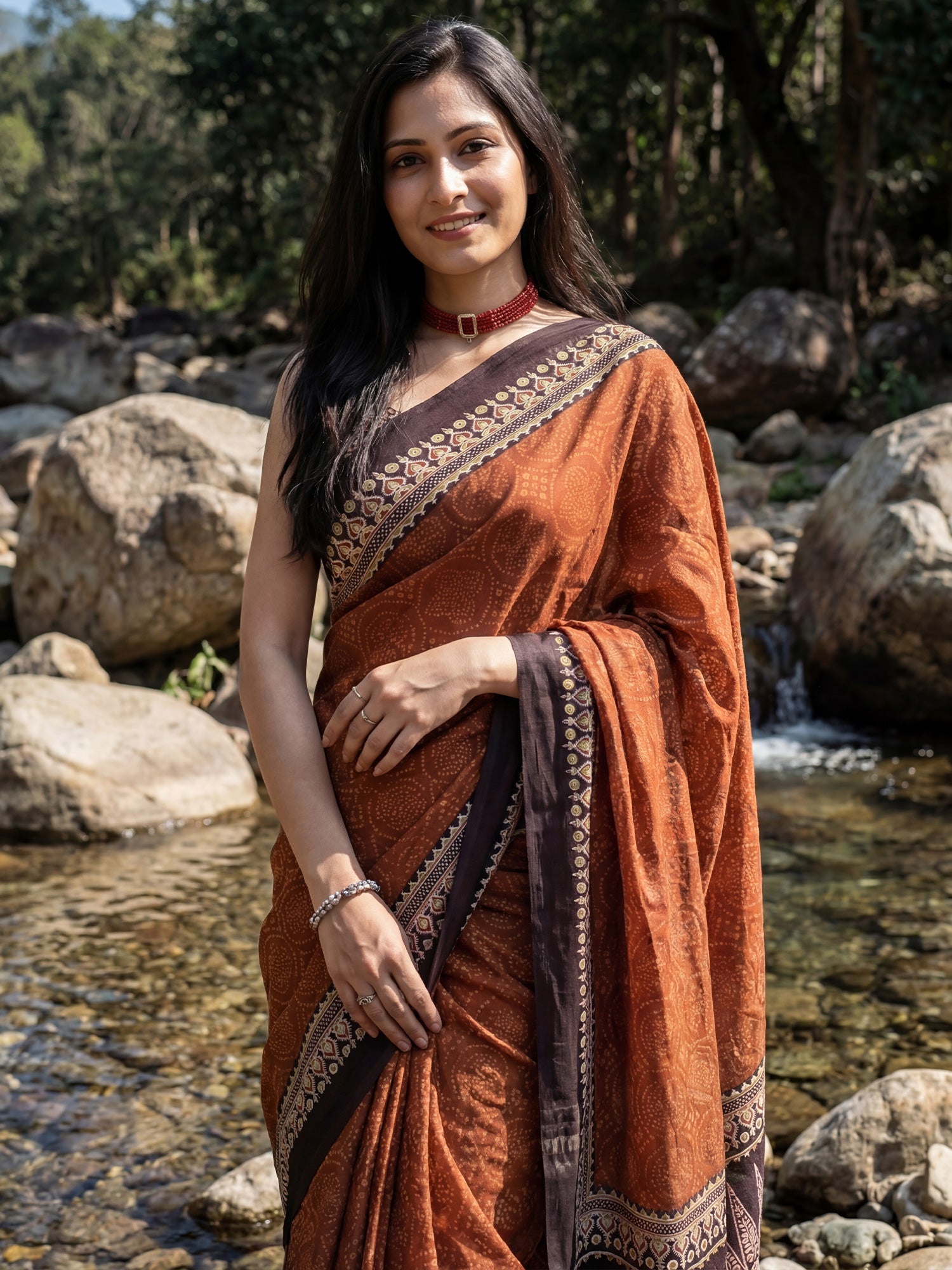 Rust Saree Ajrakh Print Cotton Silk Saree - Ressa