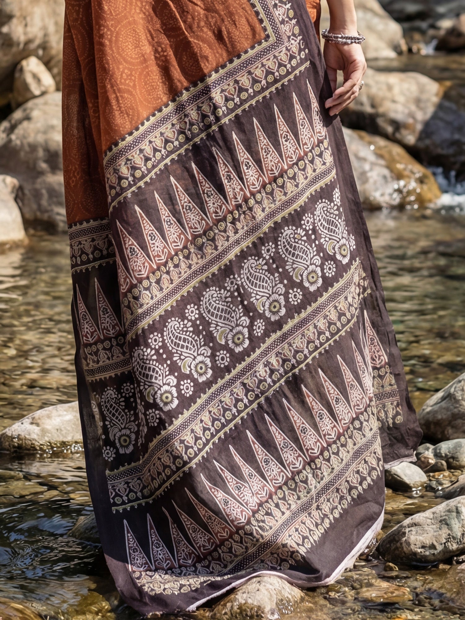 Rust Saree Ajrakh Print Cotton Silk Saree - Ressa