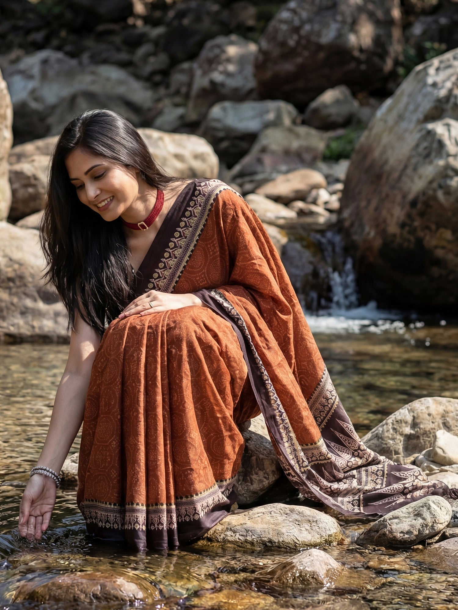 Rust Saree Ajrakh Print Cotton Silk Saree - Ressa