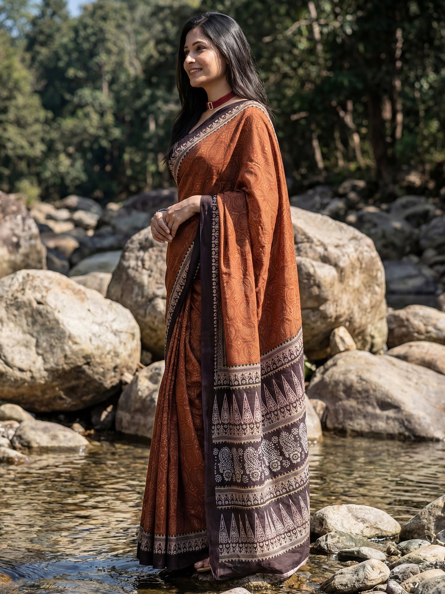 Rust Saree Ajrakh Print Cotton Silk Saree - Ressa