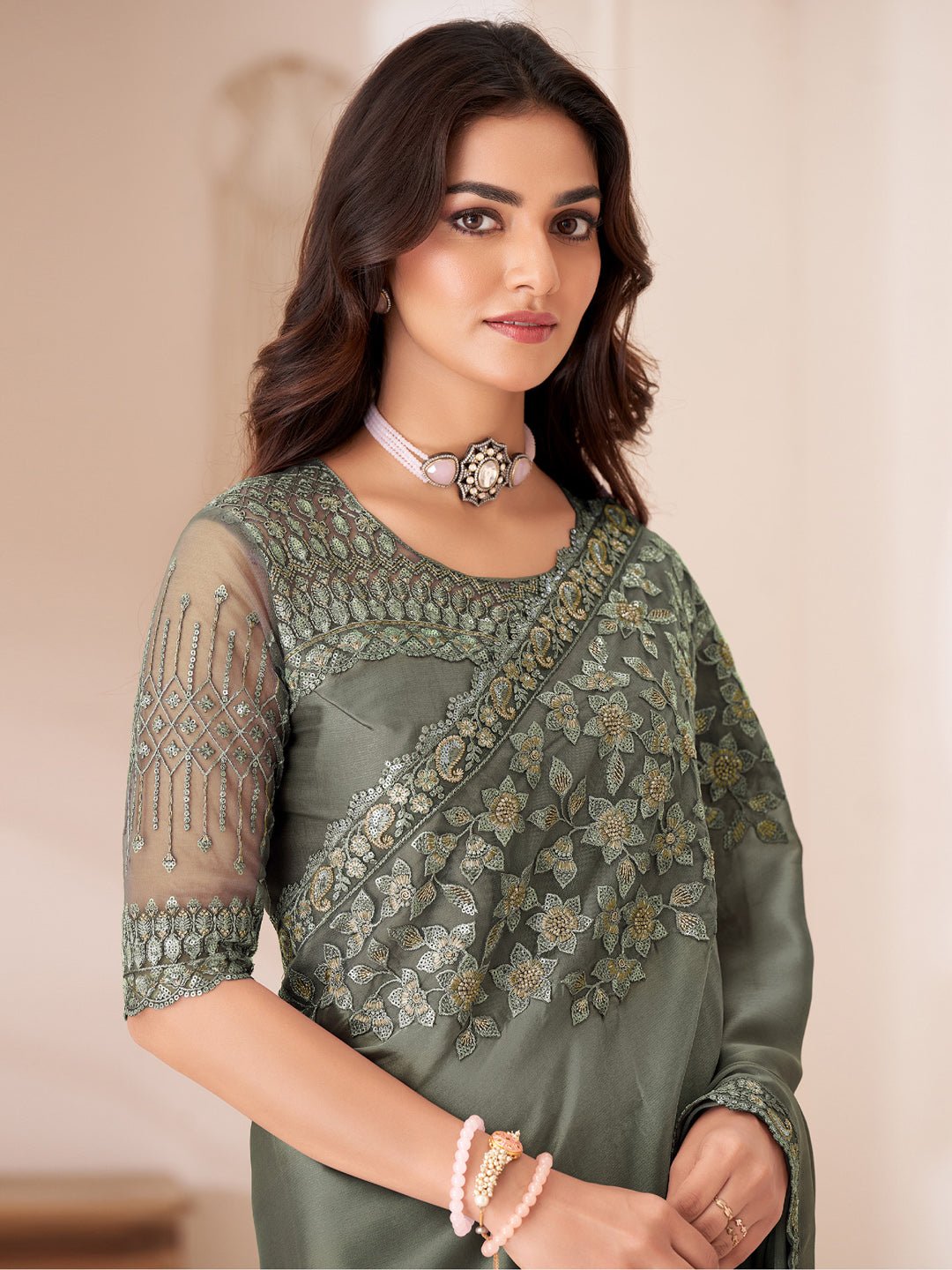 Rust Sea Green Embellished Party wear Saree - Ressa