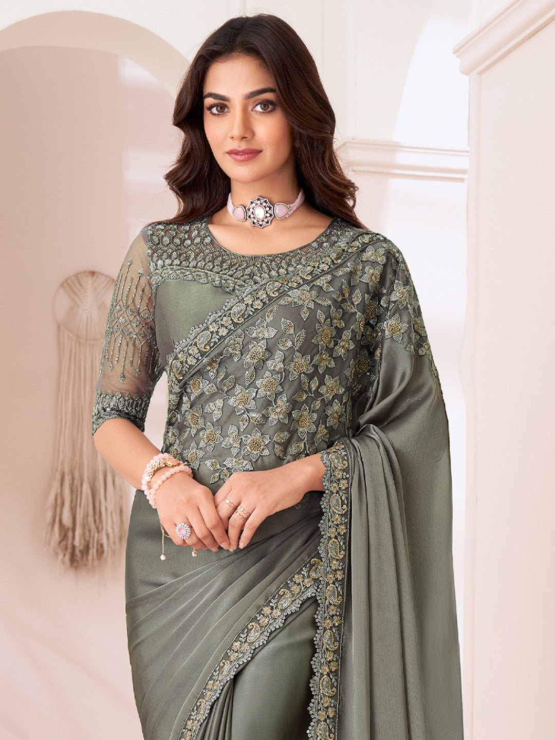 Rust Sea Green Embellished Party wear Saree - Ressa
