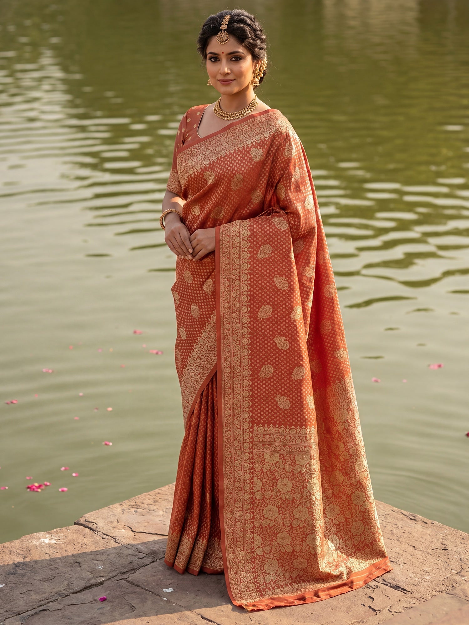 Rust Terracotta Banarasi Silk Saree - Ressa