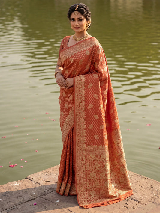 Rust Terracotta Banarasi Silk Saree - Ressa
