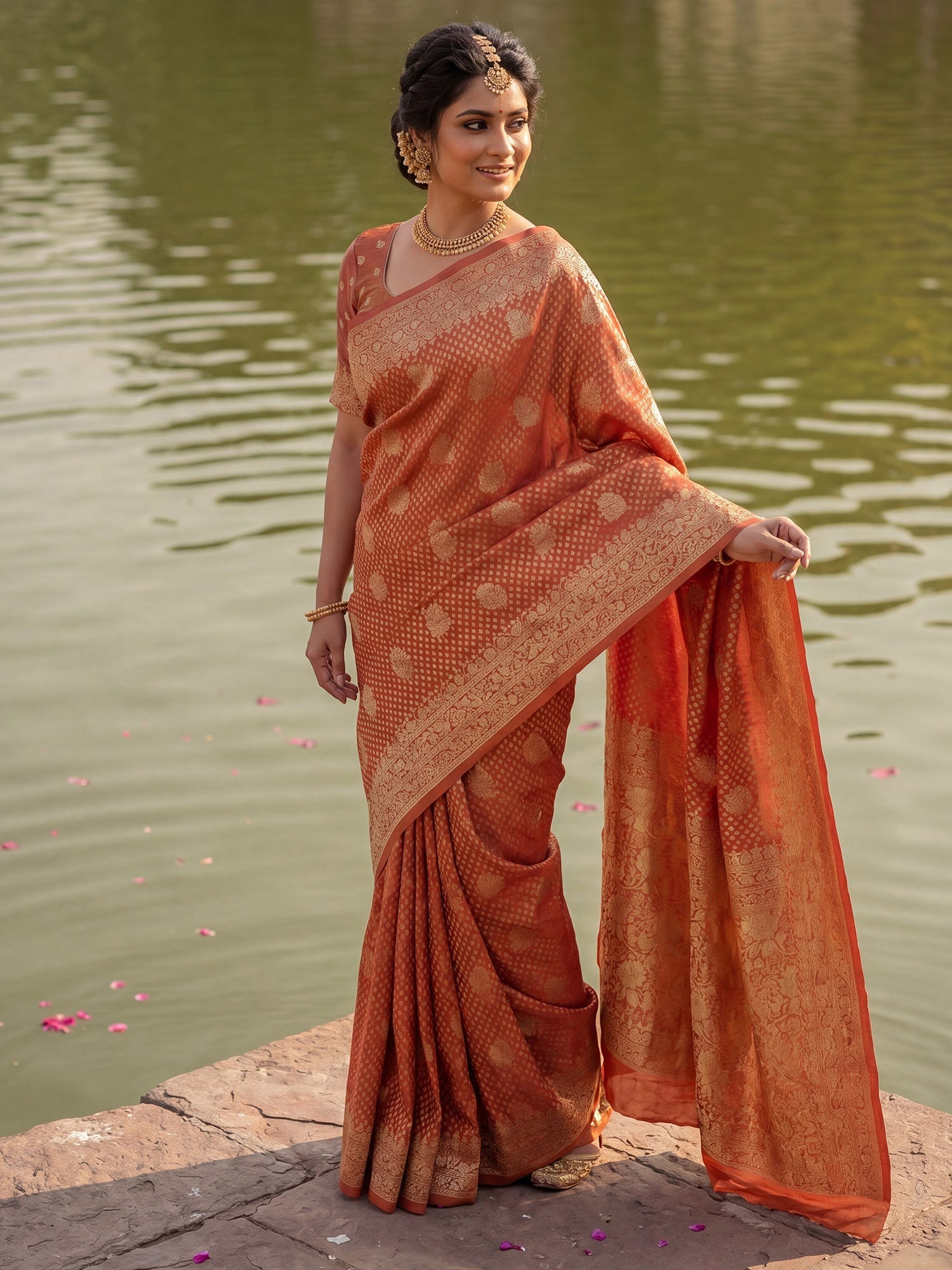 Rust Terracotta Banarasi Silk Saree - Ressa
