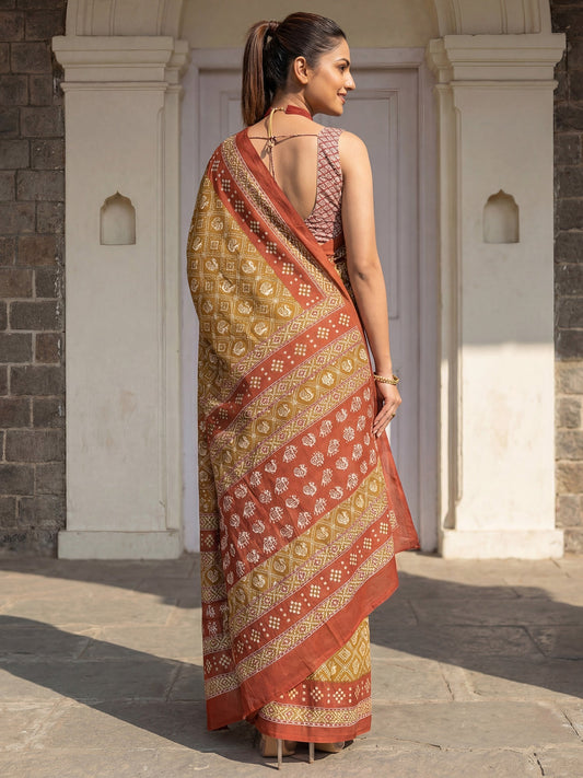 Rust Yellow Printed Saree - Ressa