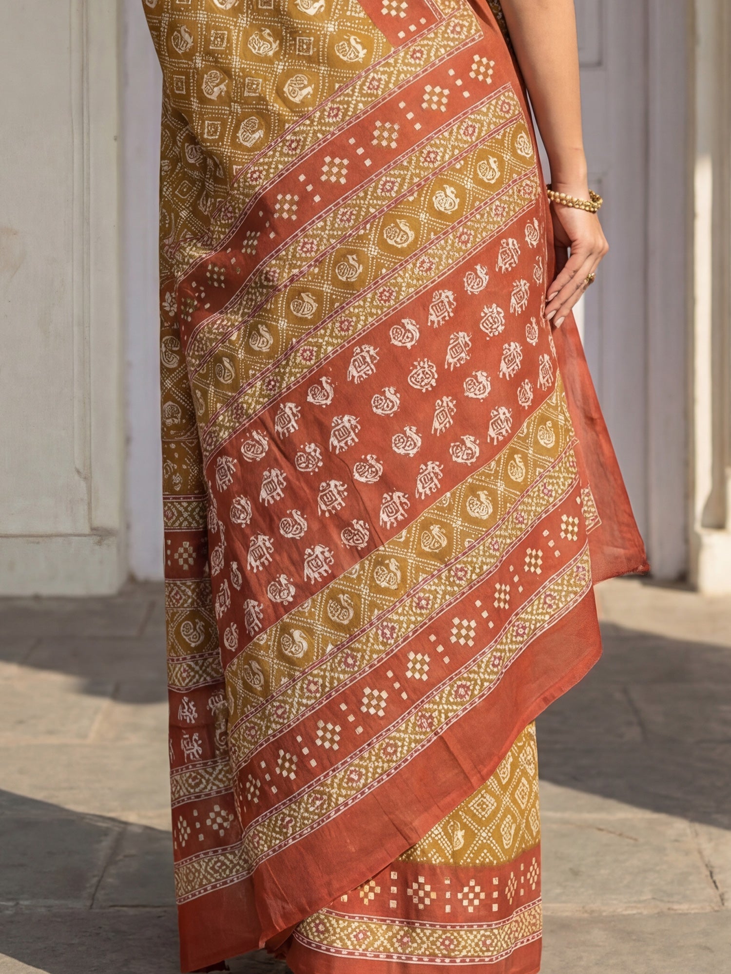 Rust Yellow Printed Saree - Ressa