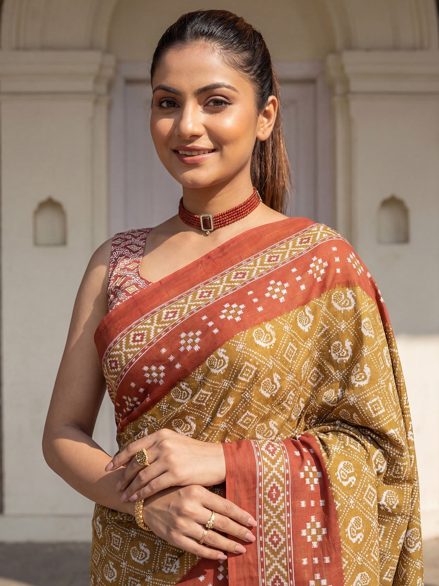 Rust Yellow Printed Saree - Ressa