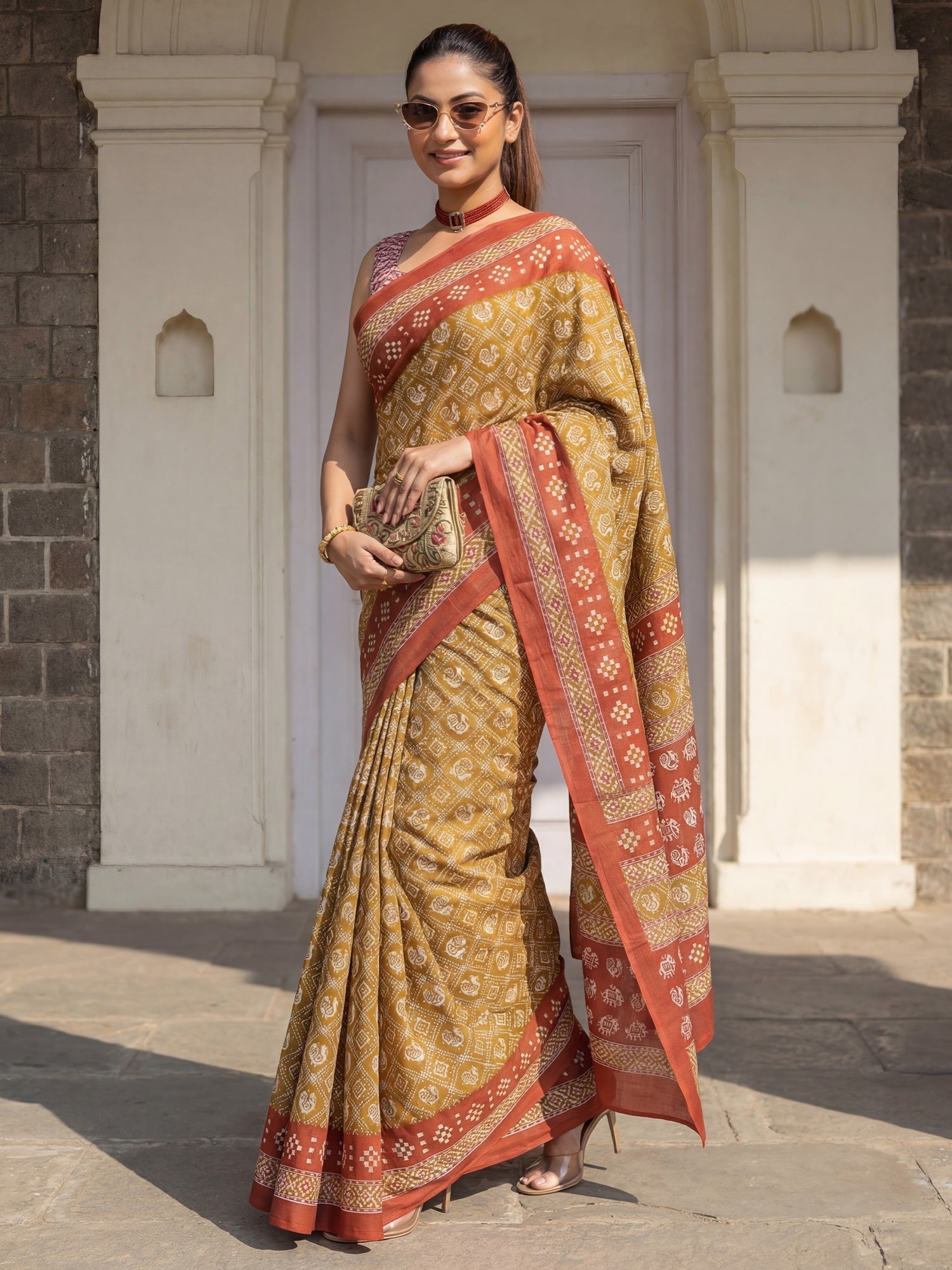 Rust Yellow Printed Saree - Ressa