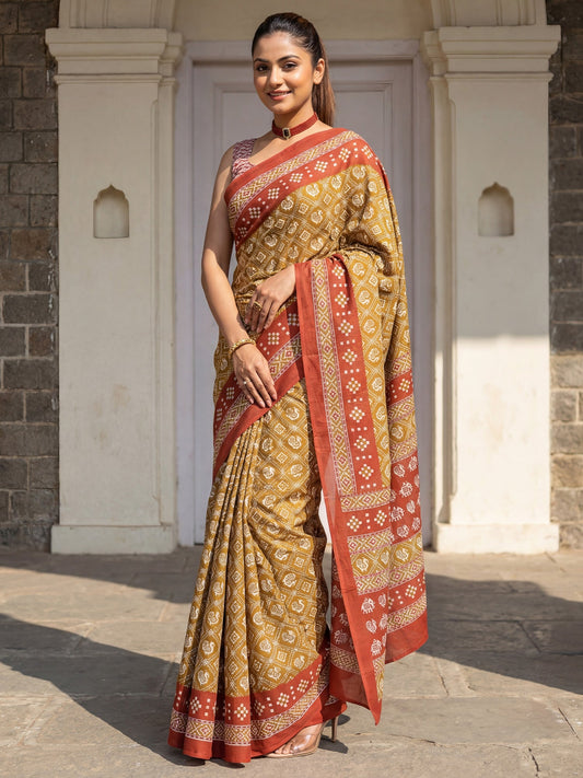 Rust Yellow Printed Saree - Ressa
