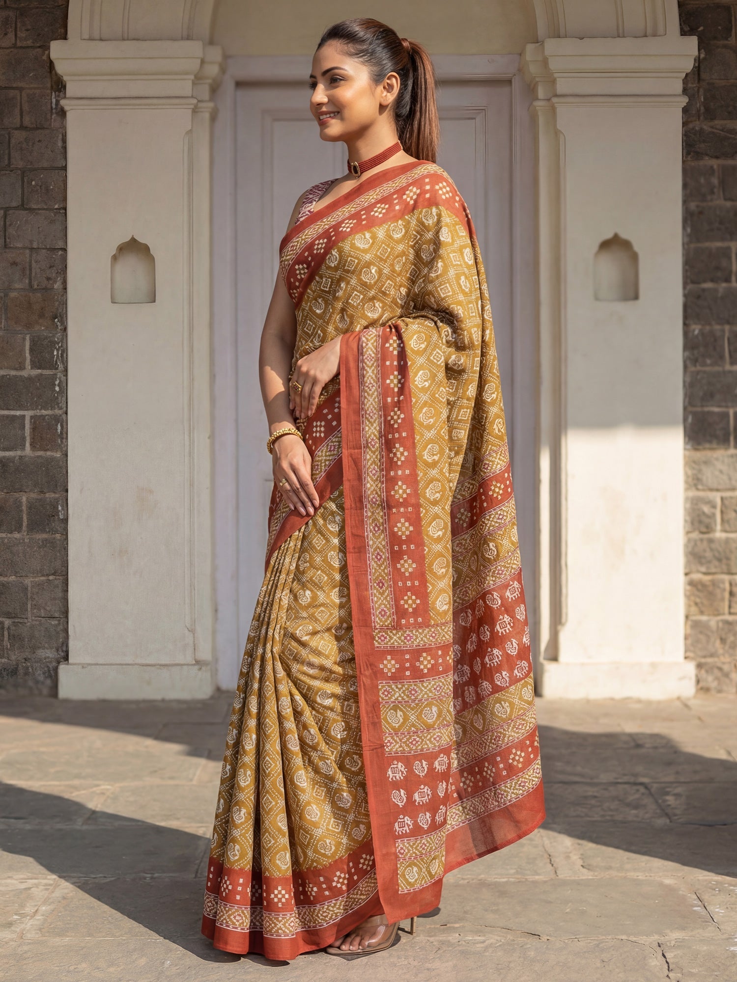 Rust Yellow Printed Saree - Ressa