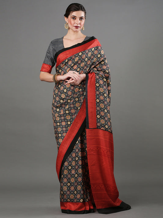 Black Ajrakh Silk Saree with Red Zari Pallu