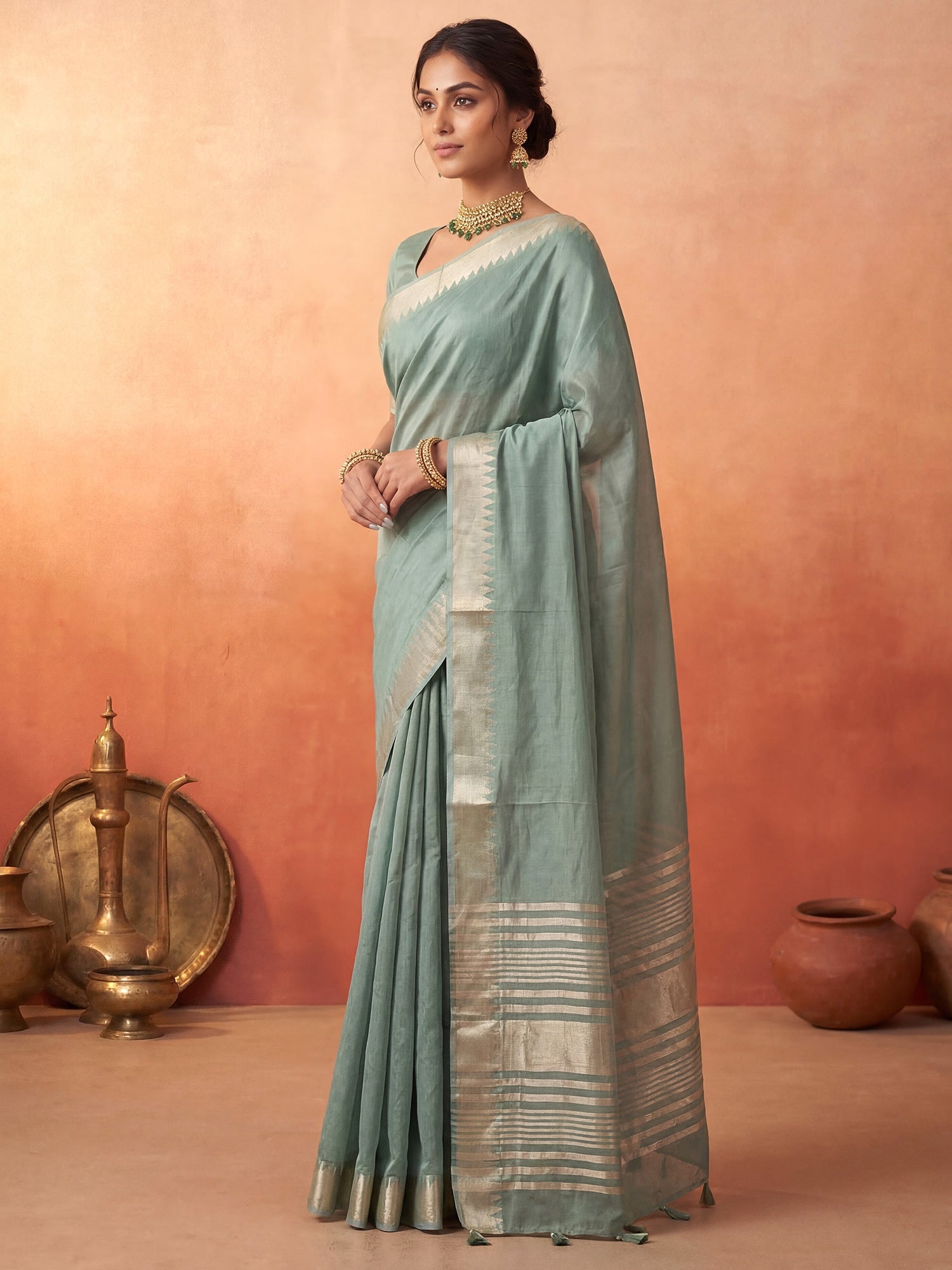 Sage Green Chanderi Silk Saree - Ressa