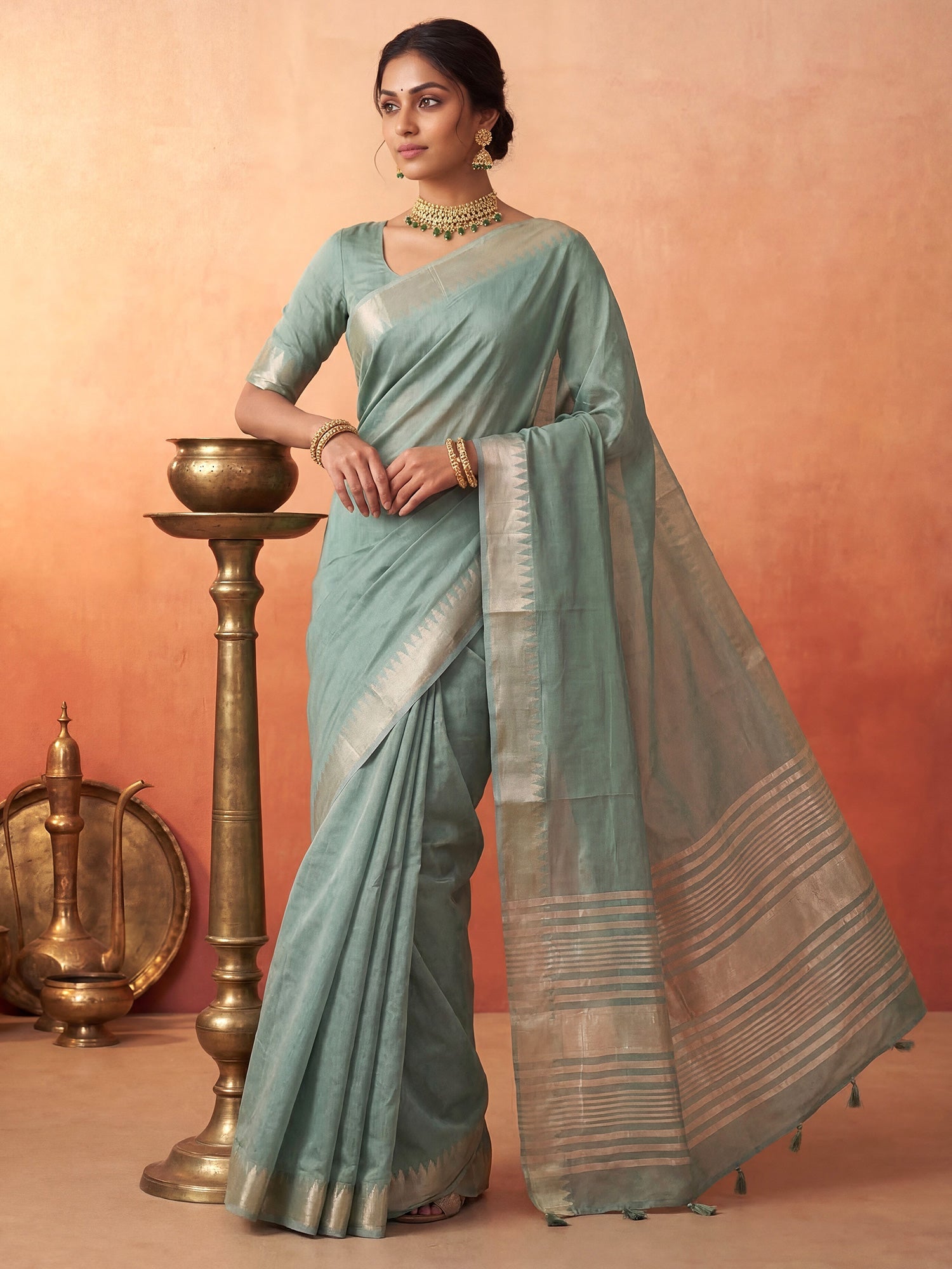 Sage Green Chanderi Silk Saree - Ressa