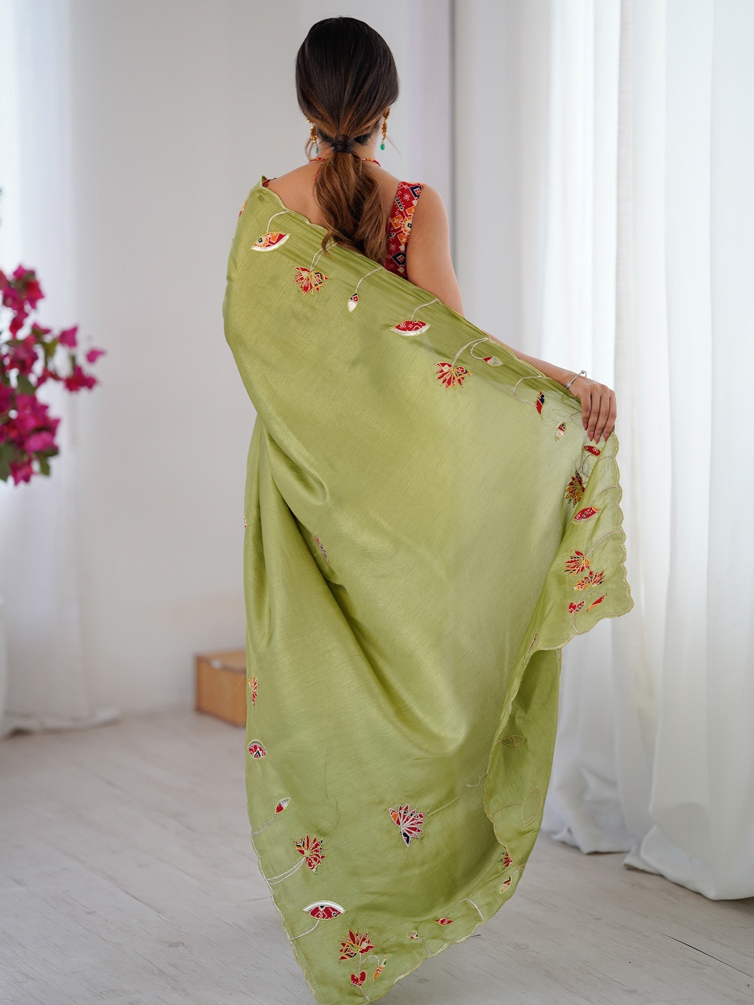 Sage Green Embroidered Silk Saree - Ressa