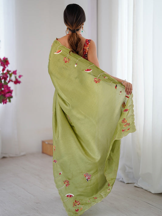 Sage Green Embroidered Silk Saree - Ressa