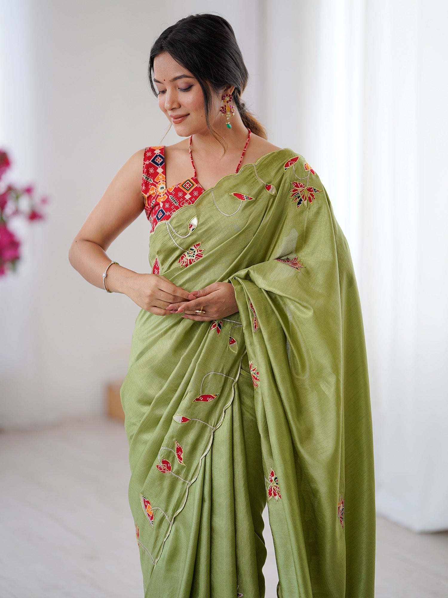 Sage Green Embroidered Silk Saree - Ressa