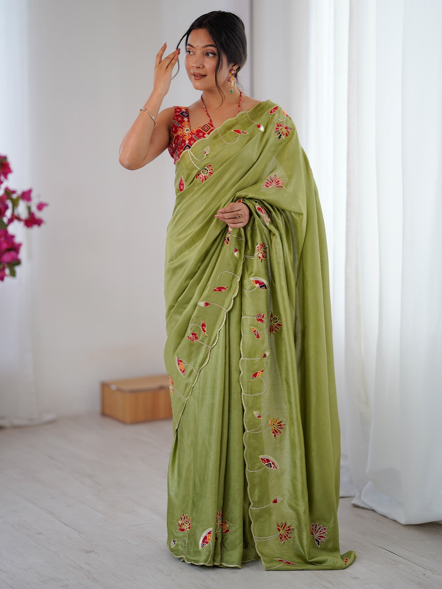 Sage Green Embroidered Silk Saree - Ressa