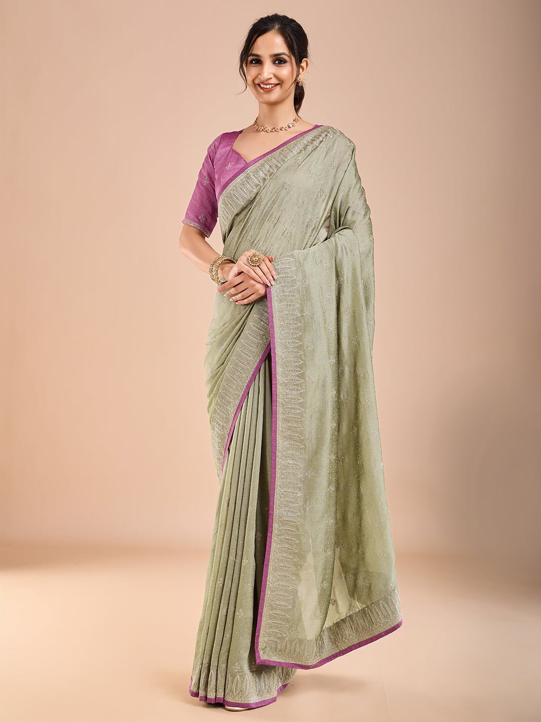 Sage Green Embroidered Silk Saree with Purple Blouse - Ressa