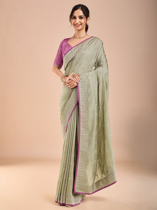 Sage Green Embroidered Silk Saree with Purple Blouse - Ressa