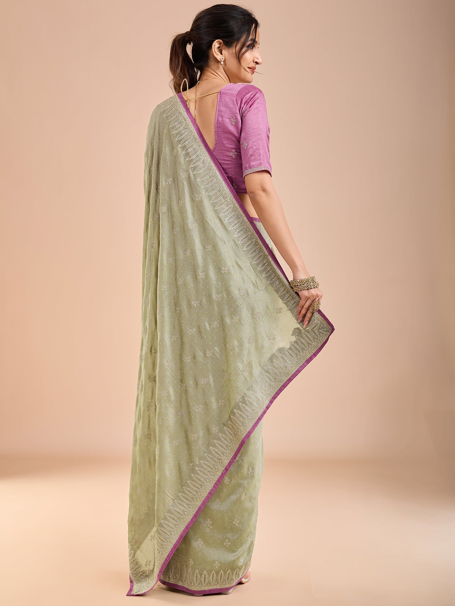 Sage Green Embroidered Silk Saree with Purple Blouse - Ressa