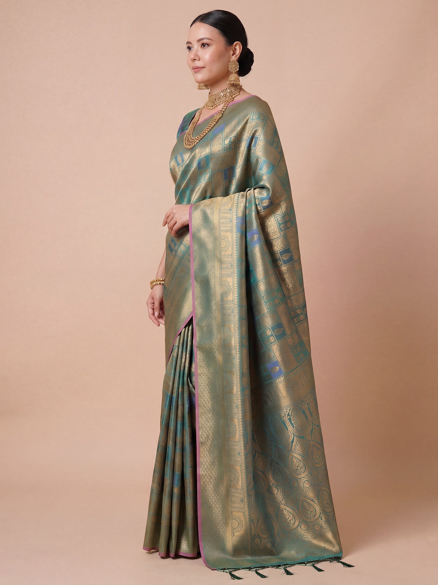 Sage Green Gold Kanjivaram Silk Saree - Ressa