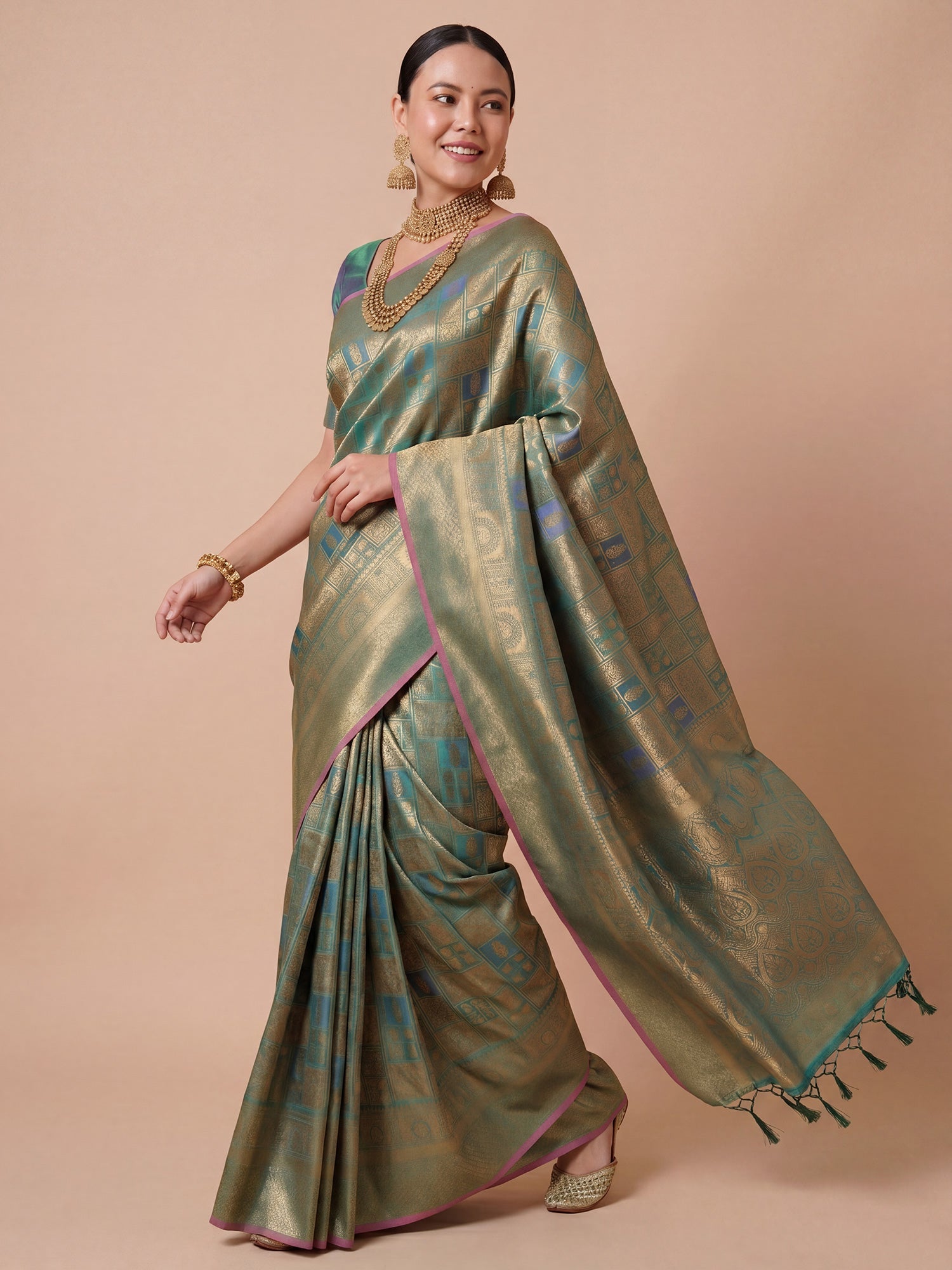 Sage Green Gold Kanjivaram Silk Saree - Ressa