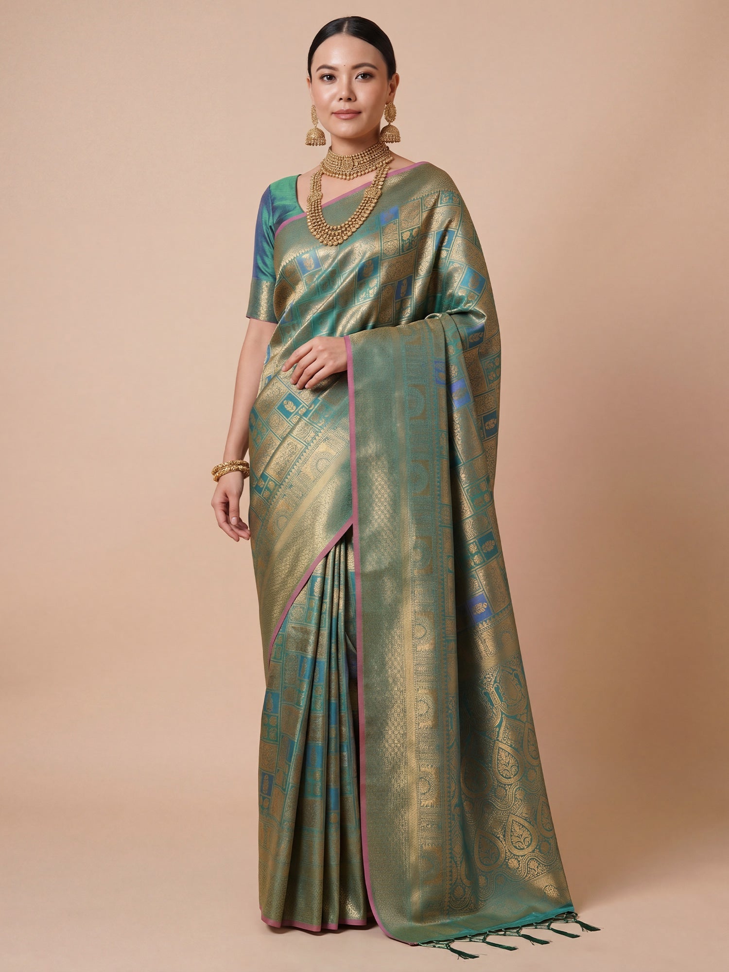 Sage Green Gold Kanjivaram Silk Saree - Ressa