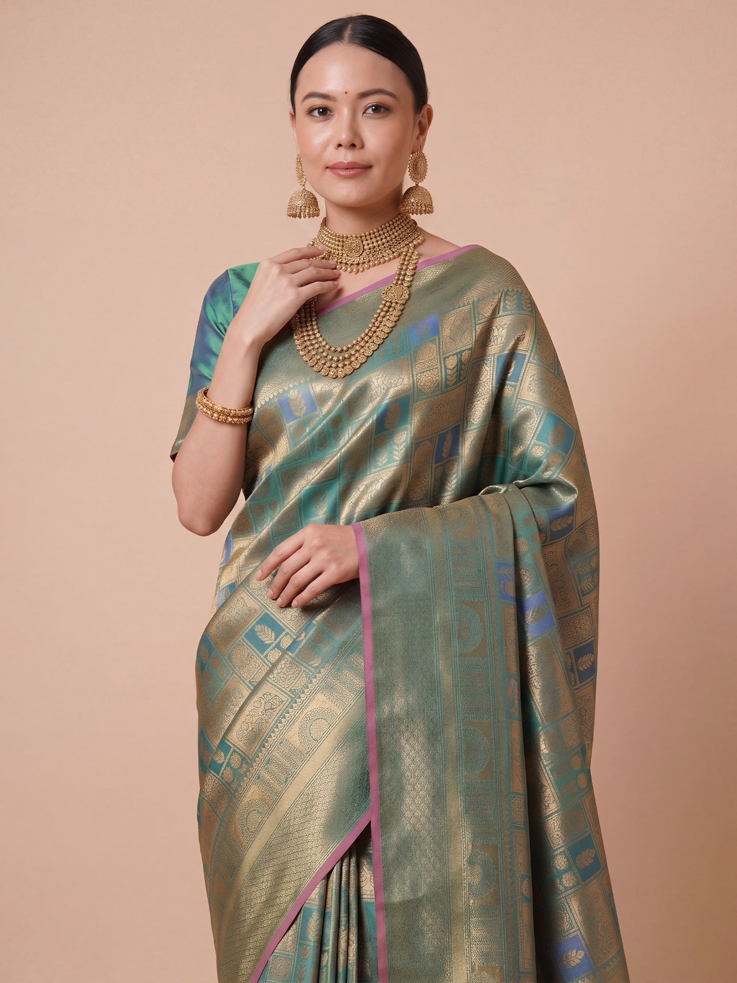 Sage Green Gold Kanjivaram Silk Saree - Ressa