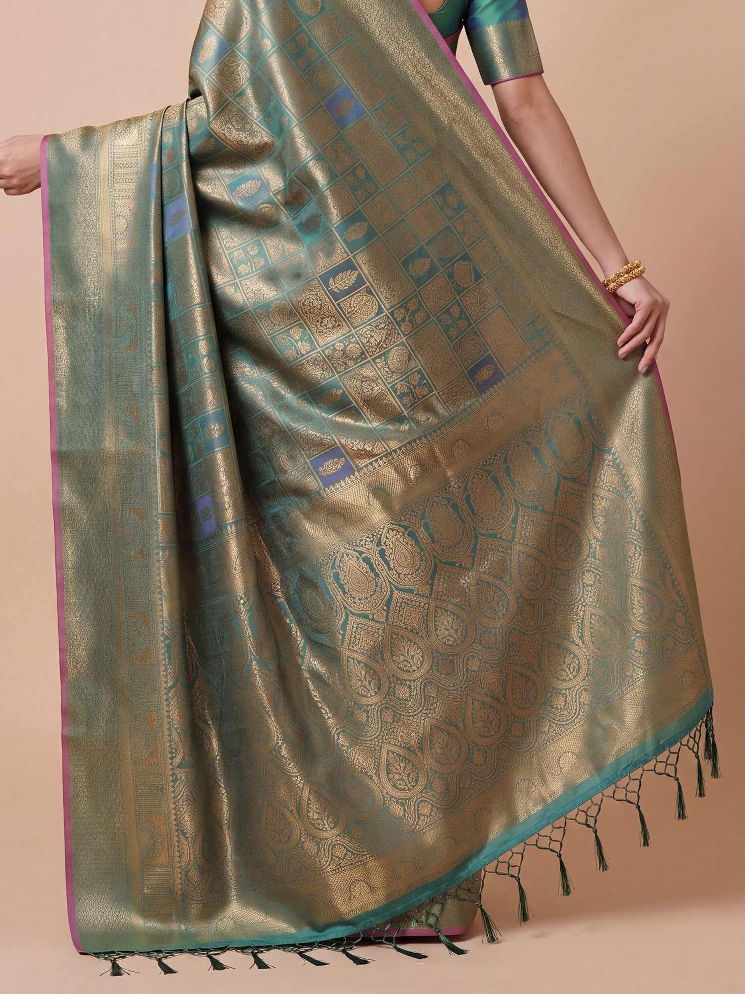 Sage Green Gold Kanjivaram Silk Saree - Ressa