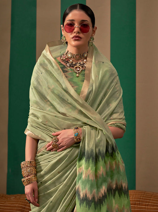Sage Green Ikat Silk Saree with Chanderi Border - Ressa