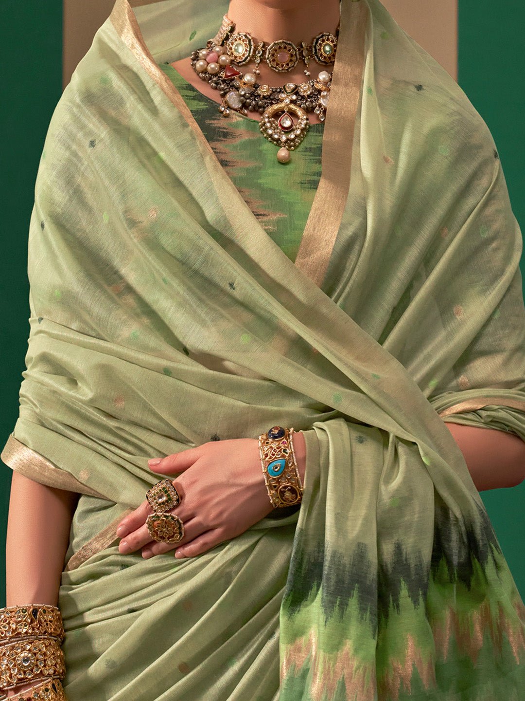Sage Green Ikat Silk Saree with Chanderi Border - Ressa