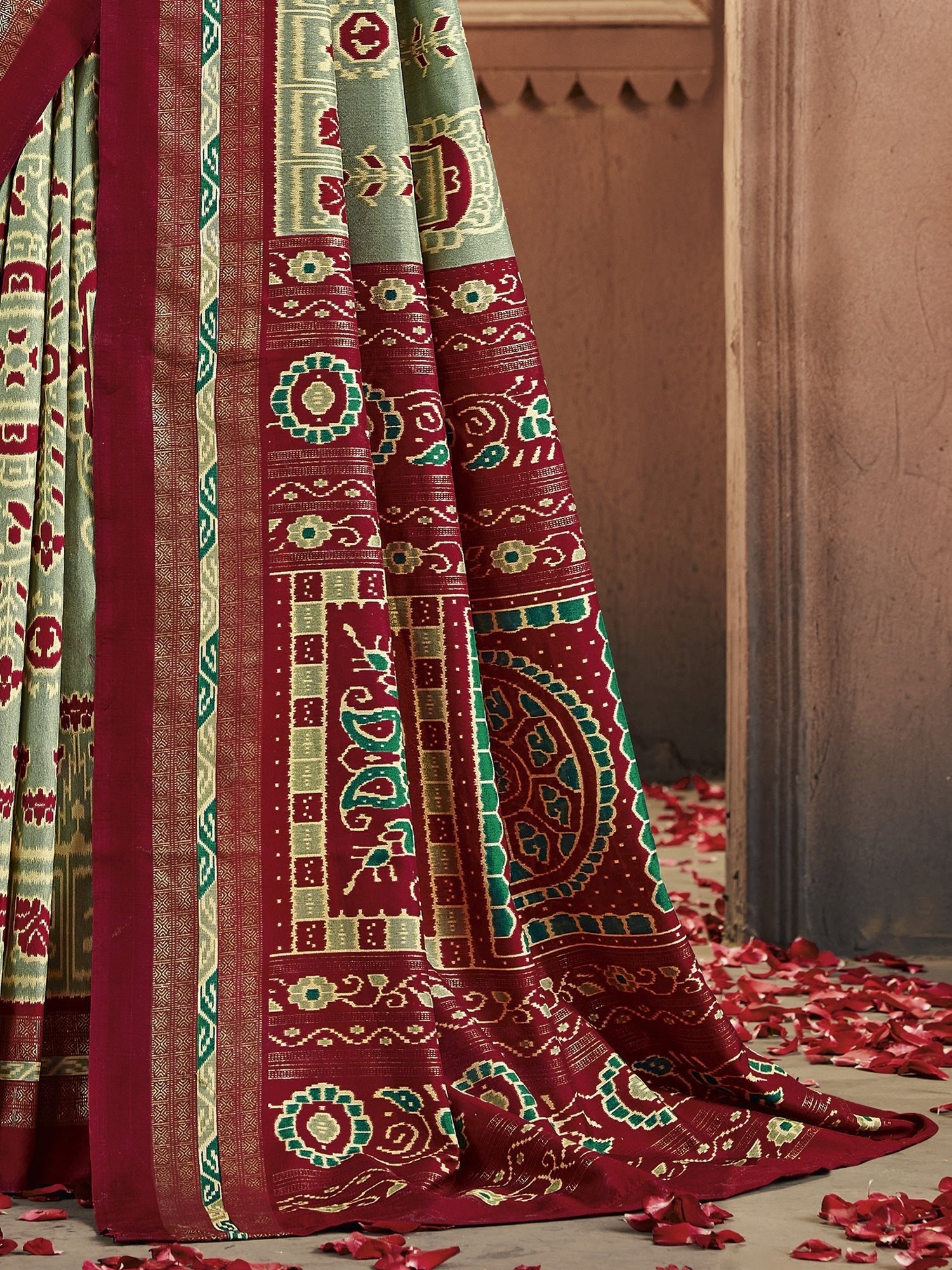 Sage Green & Maroon Patola Silk Saree with Zari Border - Ressa